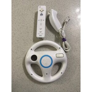 Nintendo Wii Remote Nunchuk and Wii Wheel Accessory Bundle White Official